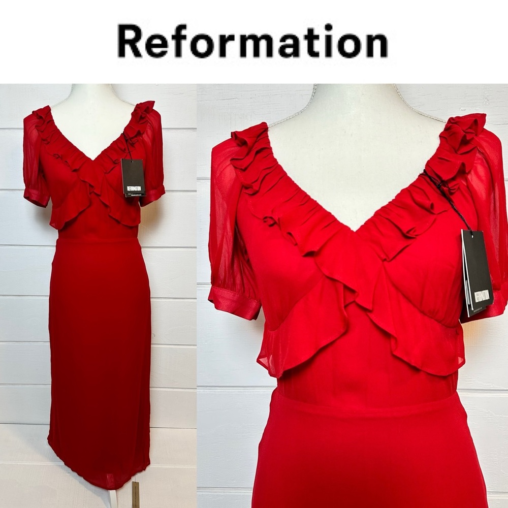 Reformation Red Ruffle V‑Neck Midi Dress